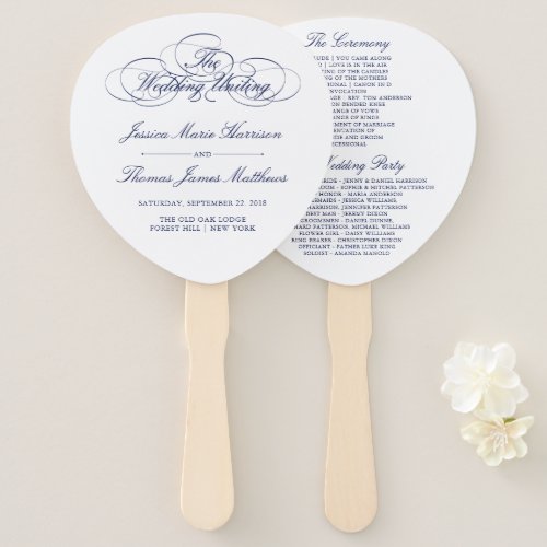 Elegant Navy Blue  White Wedding Program Template Hand Fan