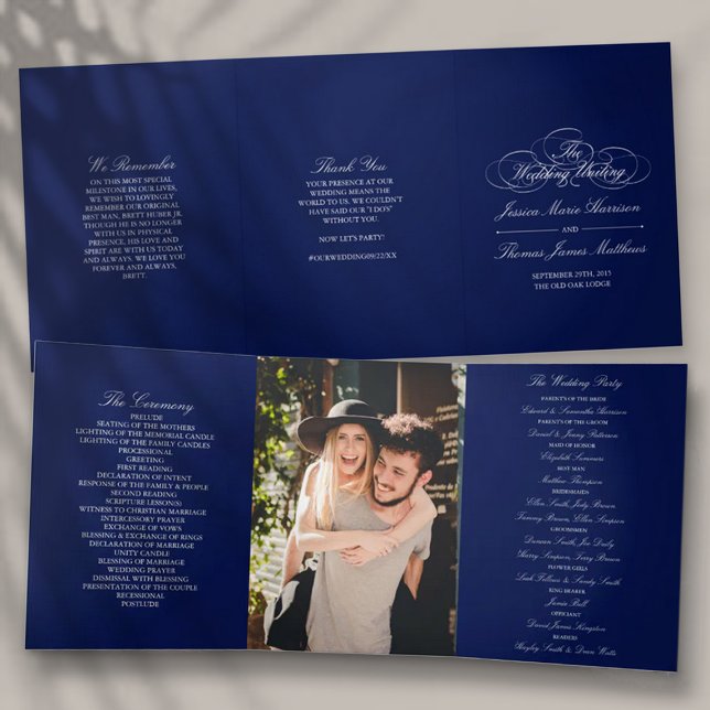 Elegant Navy Blue & White Wedding Tri-Fold Program (Creator Uploaded)