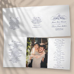 Elegant Navy Blue & White Wedding Tri-Fold Program<br><div class="desc">These beautiful programs are perfect for anyone getting married this year. The design features navy blue wording on a fresh white background, very trendy but with a timeless feel. The template wording is easy to personalise and there is also space to include your favourite photo. If you would like to...</div>