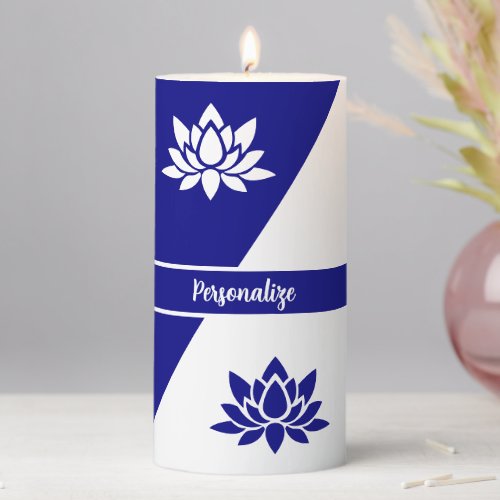 Elegant Navy Blue White Zen Yoga Lotus Flower Pillar Candle