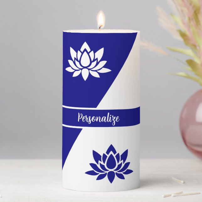 Elegant Navy Blue White Zen Yoga Lotus Flower Pillar Candle (In Situ)