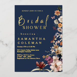 Elegant Navy Blue Wildflower Boho Bridal Shower Foil Invitation
