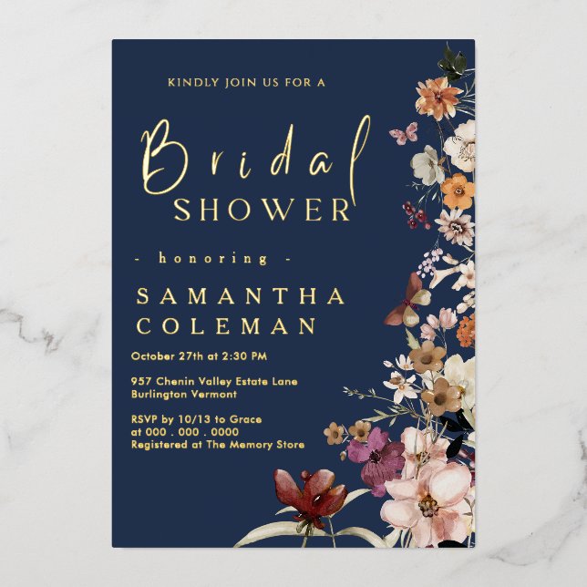 Elegant Navy Blue Wildflower Boho Bridal Shower Foil Invitation (Front)