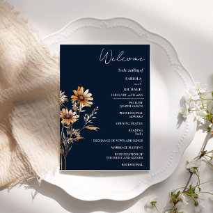 Elegant Navy Blue Wildflower Wedding Program Card