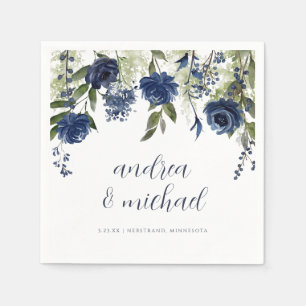 Elegant Navy Blue Wildflowers Floral Wedding Napkins