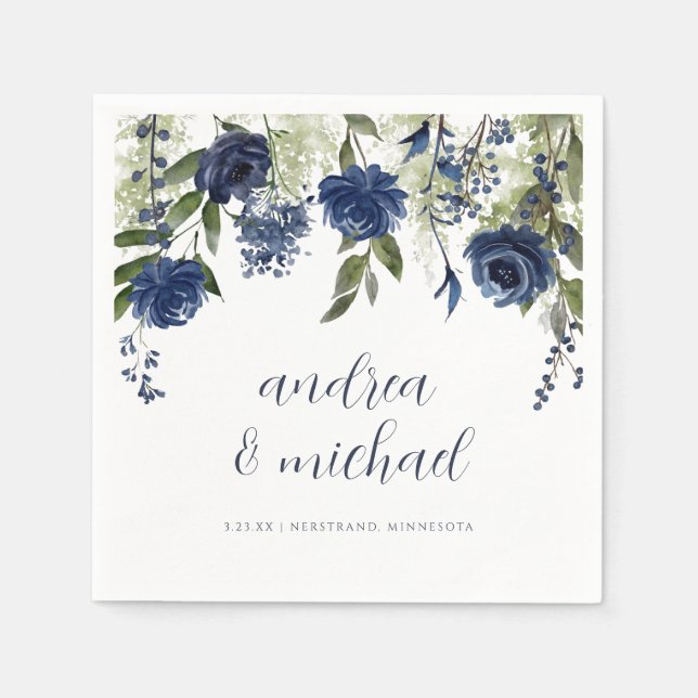 Elegant Navy Blue Wildflowers Floral Wedding Napkins (Front)