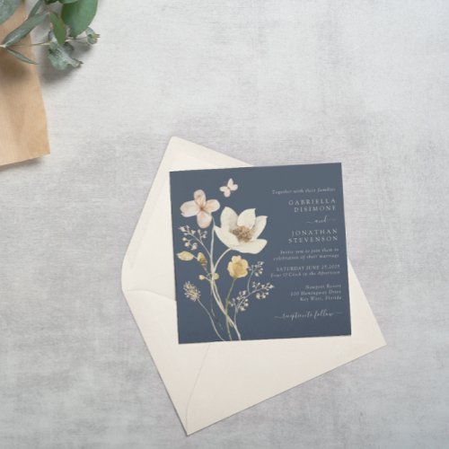 Elegant Navy Blue Wildflowers Wedding Invitation