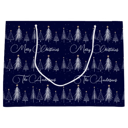 Elegant Navy Blue Winter Pine Trees Christmas Large Gift Bag