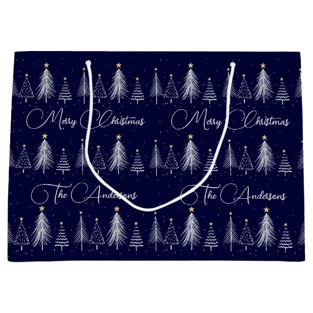 Elegant Navy Blue Winter Pine Trees Christmas Large Gift Bag (Front)