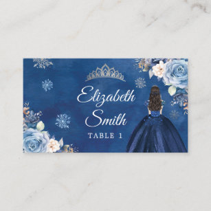Elegant Navy Blue Winter Snowflake Mis Quince Place Card