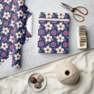 Elegant Navy Blue with Cream Flowers Wrapping Pape Wrapping Paper