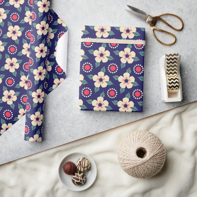 Elegant Navy Blue with Cream Flowers Wrapping Pape Wrapping Paper (Crafts)