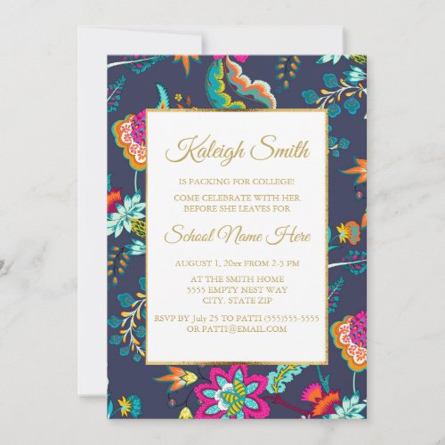 Elegant Navy Blue with Flowers Gold Trunk Party Invitation