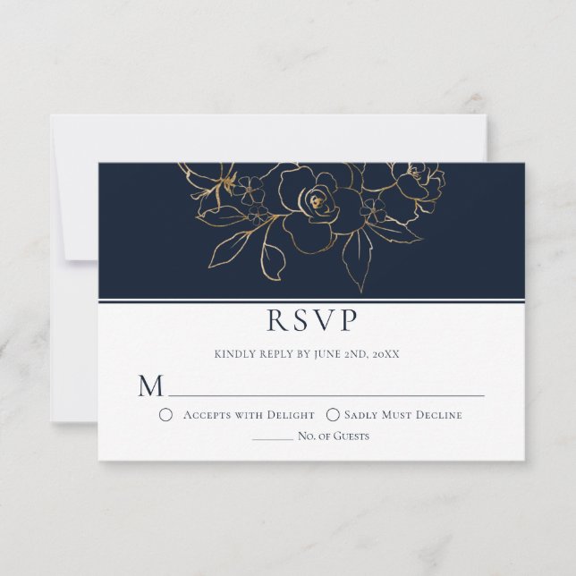 Elegant Navy Blue with Gold Sketched Roses RSVP (Front)