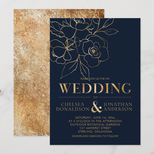 Elegant Navy Blue with Gold Sketched Roses Wedding Invitation (Front/Back)