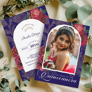 Elegant Navy Blue with red Roses Photo Quinceañera