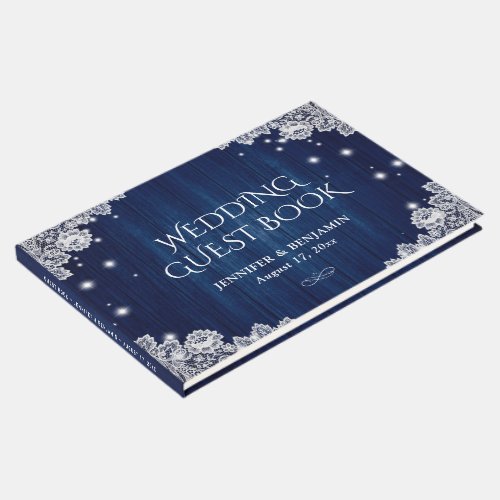 Elegant Navy Blue Wood and Lace Wedding Guest Book