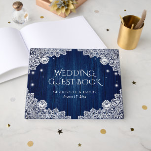 Elegant Navy Blue Wood Lace Rustic Wedding Guest Book