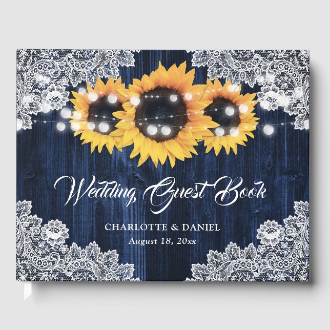 Elegant Navy Blue Wood Lace Sunflower Wedding Guest Book (Front)
