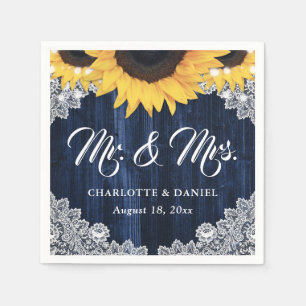 Elegant Navy Blue Wood Lace Sunflower Wedding Napkins