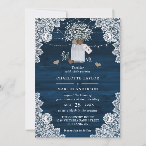 Elegant Navy Blue Wood Mason Jar Floral Wedding Invitation