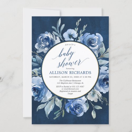 Elegant navy blue wreath floral boy baby shower invitation