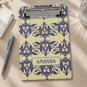 Elegant Navy Blue Yellow Damask Monogram Mini Clipboard
