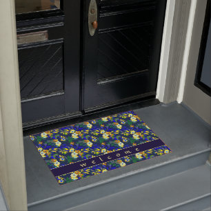 Elegant Navy Blue & Yellow Floral   Welcome Doormat