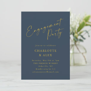 Elegant Navy Blue Yellow Gold Engagement Party Invitation
