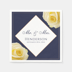 Elegant Navy Blue Yellow Rose Floral Wedding Party Napkins