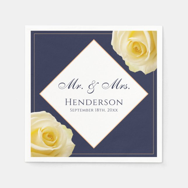 Elegant Navy Blue Yellow Rose Floral Wedding Party Napkins (Front)