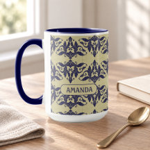 Elegant Navy Blue Yellow Vintage Damask Monogram