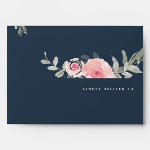 ELEGANT NAVY BLUSH BURGUNDY ROSE FLORAL ADDRESS ENVELOPE