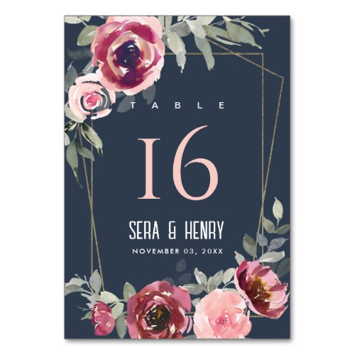 ELEGANT NAVY BLUSH BURGUNDY ROSE FLORAL WEDDING TABLE NUMBER