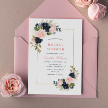 Elegant Navy & Blush Floral Bridal Shower Invitation by classiqshopp at Zazzle
