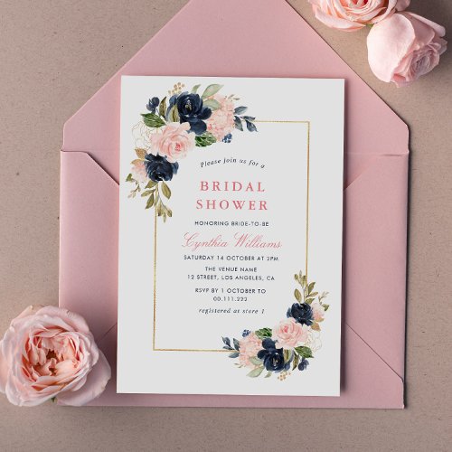 elegant navy  blush floral bridal shower invitation