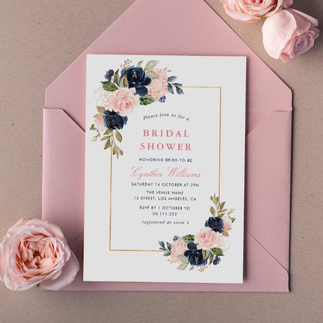elegant navy & blush floral bridal shower invitation