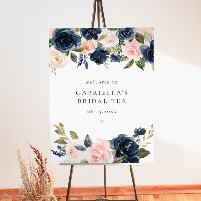 Elegant Navy Blush Floral Bridal Tea Welcome Foam Board (Creator Uploaded)