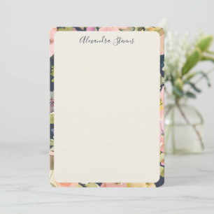 Elegant Navy Blush Floral Personalized Script Name Note Card