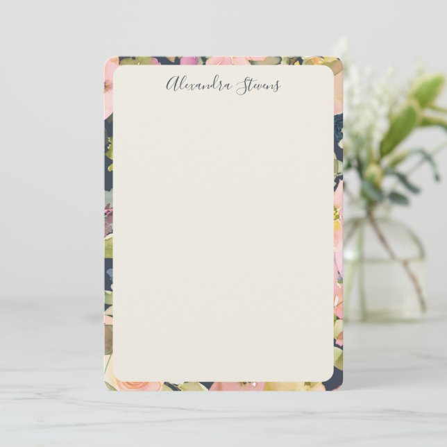 Elegant Navy Blush Floral Personalized Script Name Note Card (Standing Front)