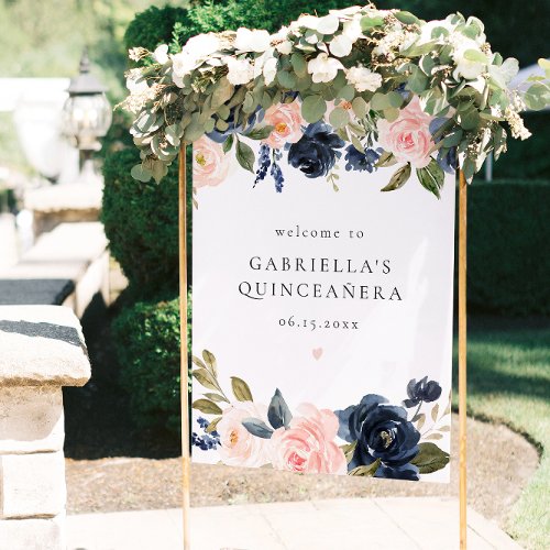 Elegant Navy Blush Floral Quinceaera Welcome Poster