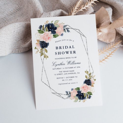 elegant navy  blush floral silver bridal shower invitation