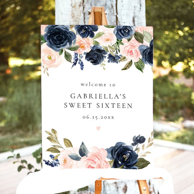 Elegant Navy Blush Floral Sweet 16 Welcome Foam Board (Creator Uploaded)