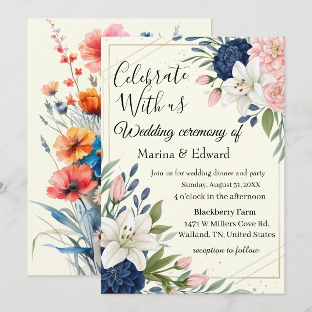 Elegant Navy Blush Floral Wedding Invitation (Front/Back)