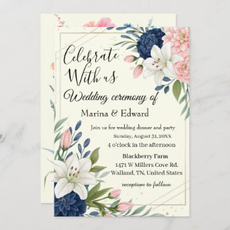 Elegant Navy Blush Floral Wedding Invitation