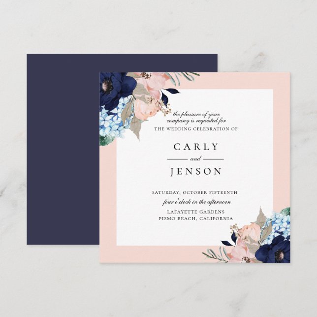 Elegant Navy + Blush Floral Wedding Invitation (Front/Back)