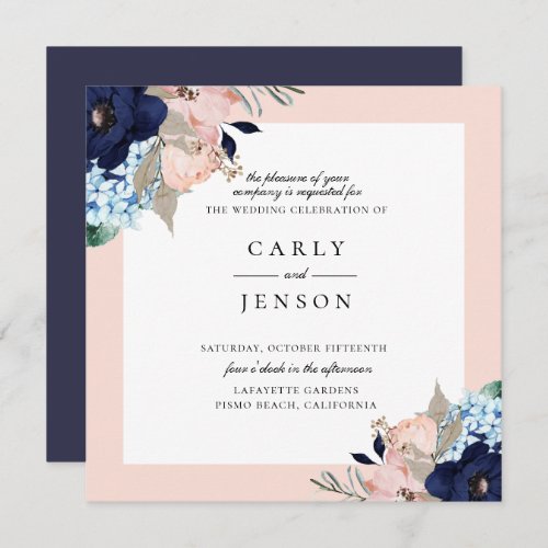 Elegant Navy  Blush Floral Wedding Invitation