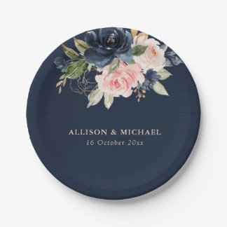 Elegant navy & blush floral wedding paper plates
