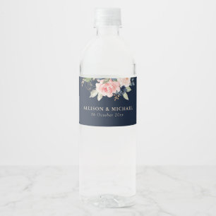 Elegant navy & blush floral wedding water bottle label