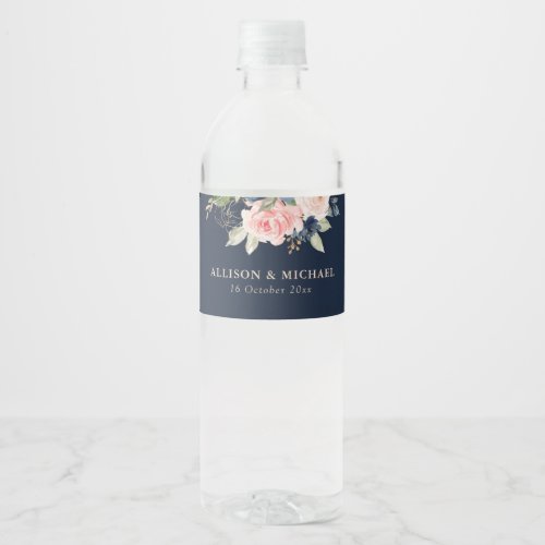 Elegant navy  blush floral wedding water bottle label